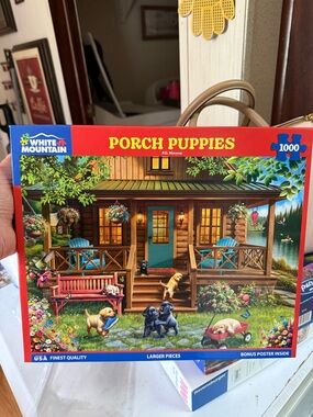 White Mountain Porch Puppies Puzzle - Red & Blue Box Art